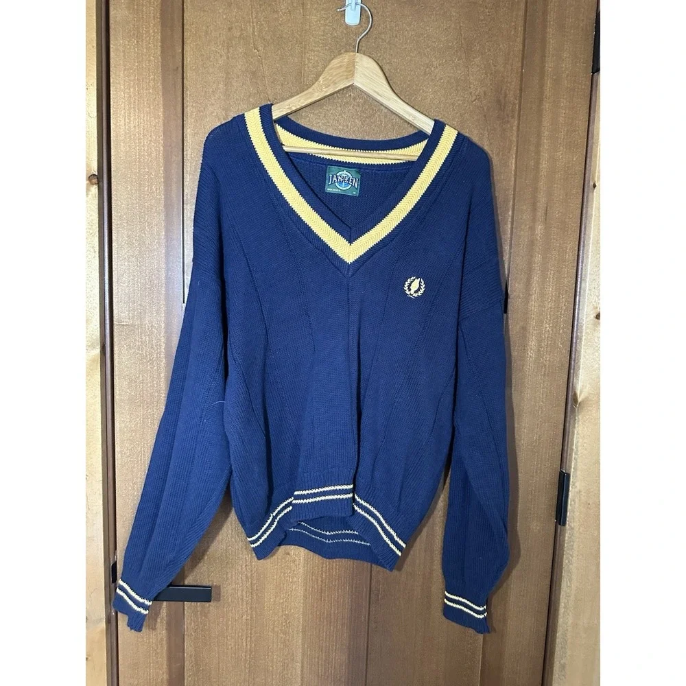 Vintage Jantzen Mens Sweater Blue Yellow V Neck Knit USA Made Size‎ M